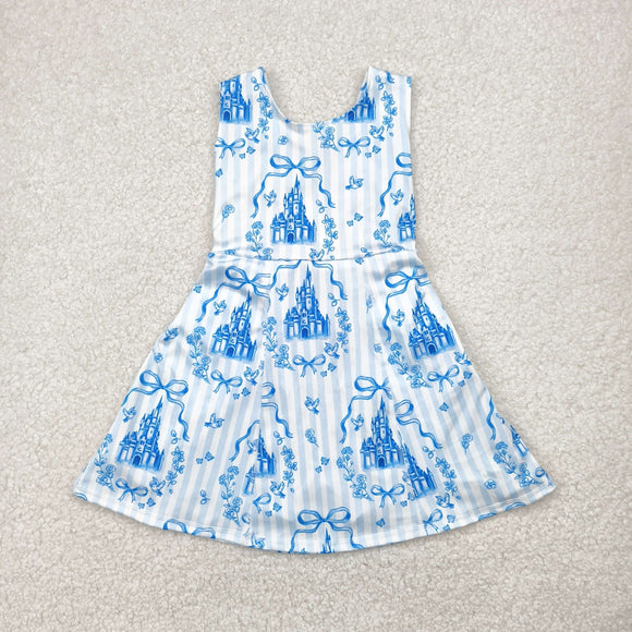 Castle Bow Pattern Blue Stripe Athletic Shorts Girls Sleeveless Dress