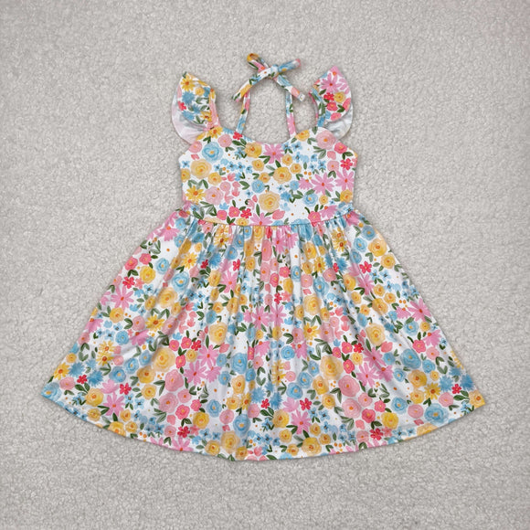 Yellow Pink Blue Floral Girls Flutter Sleeve Dress