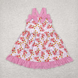 Cartoon Pink Bow Strawberry Girls Sleeveless Dress