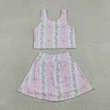 Floral Bow Pattern Athletic Shorts Girls Skirt Sets