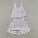 Floral Bow Pattern Athletic Shorts Girls Skirt Sets