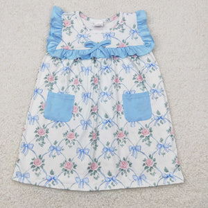 Floral Bow Pattern Blue Pockets Ruffles Girls Sleeveless Dress