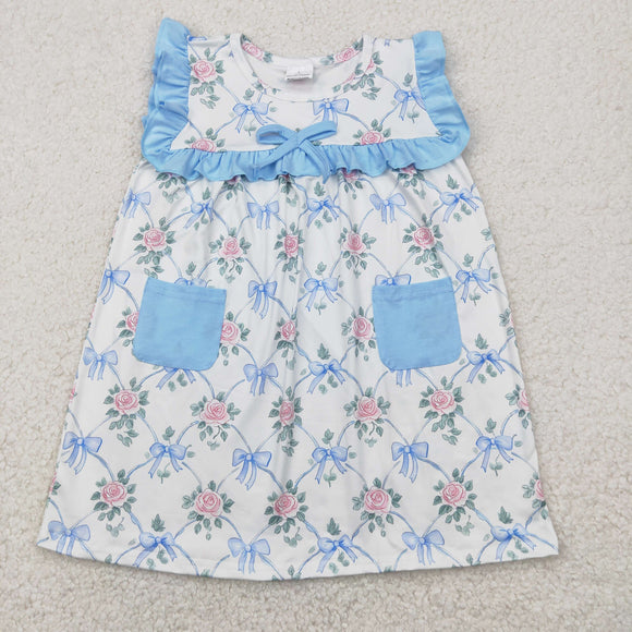 Floral Bow Pattern Blue Pockets Ruffles Girls Sleeveless Dress