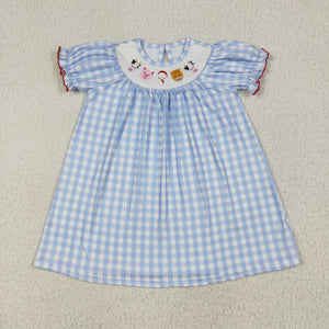 Farm Animals Smocked Blue Plaid Girls Short Sleeve Dress