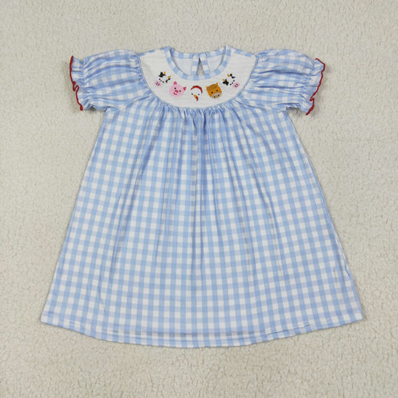 Farm Animals Smocked Blue Plaid Girls Short Sleeve Dress