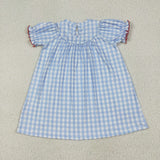 Farm Animals Smocked Blue Plaid Girls Short Sleeve Dress