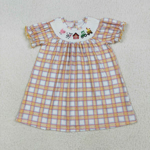 Farm Animals Smocked Orange Plaid Girls Short Sleeve Dress