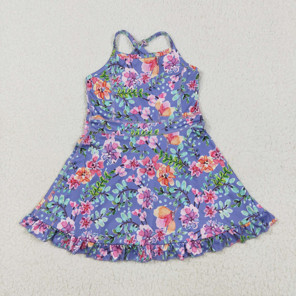 Floral Dark Blue Athletic Shorts Girls Swimsuits