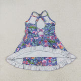Floral Dark Blue Athletic Shorts Girls Swimsuits