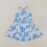 Floral Blue Stripe Athletic Shorts Girls Swimsuits