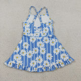 Floral Blue Stripe Athletic Shorts Girls Swimsuits
