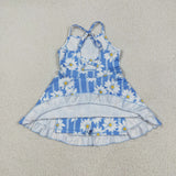 Floral Blue Stripe Athletic Shorts Girls Swimsuits