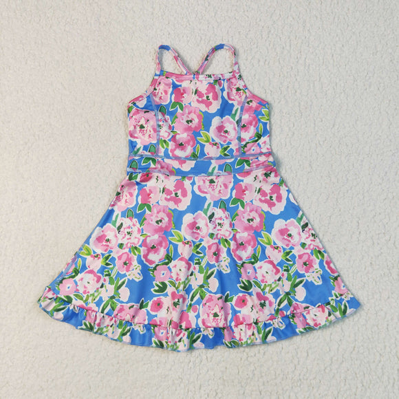 Pink Floral Blue Athletic Shorts Girls Swimsuits