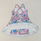 Pink Floral Blue Athletic Shorts Girls Swimsuits