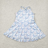 Floral Blue Bow Pattern Athletic Shorts Girls Swimsuits