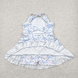 Floral Blue Bow Pattern Athletic Shorts Girls Swimsuits
