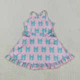 Bluish Bow Pattern Pink Athletic Shorts Girls Swimsuits