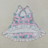 Bluish Bow Pattern Pink Athletic Shorts Girls Swimsuits