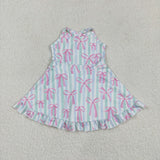 Pink Bow Pattern Blue Green Stripe Athletic Shorts Girls Swimsuits