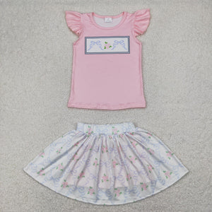 Floral Bow Pattern Pink White Shorts Girls Skirt Sets