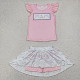 Floral Bow Pattern Pink White Shorts Girls Skirt Sets