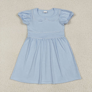 Solid Blue Collar Girls Short Sleeve Dress