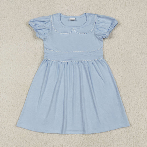 Solid Blue Collar Girls Short Sleeve Dress