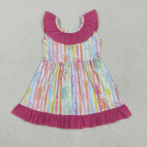 Colorful Bow Pattern Hot Pink Ruffles Girls Sleeveless Dress