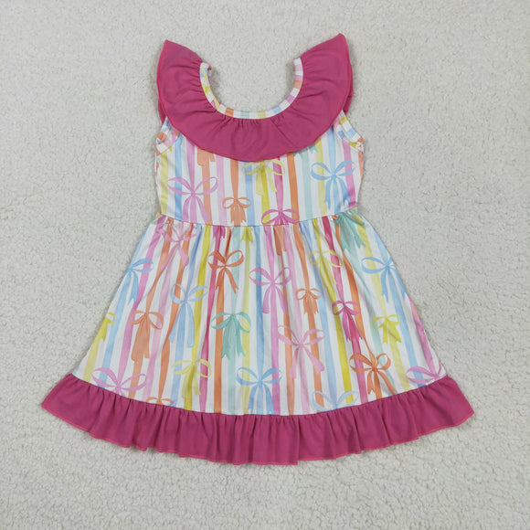 Colorful Bow Pattern Hot Pink Ruffles Girls Sleeveless Dress