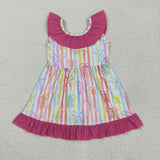 Colorful Bow Pattern Hot Pink Ruffles Girls Sleeveless Dress