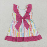 Colorful Bow Pattern Hot Pink Ruffles Girls Sleeveless Dress