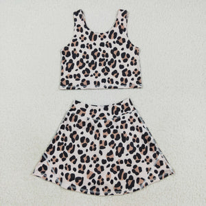 Leopard Print Khaki Athletic Shorts Girls Skirt Sets