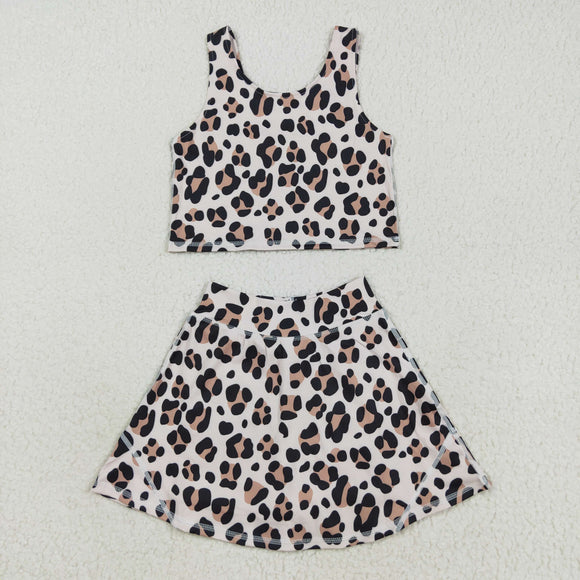 Leopard Print Khaki Athletic Shorts Girls Skirt Sets