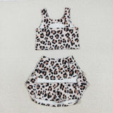Leopard Print Khaki Athletic Shorts Girls Skirt Sets
