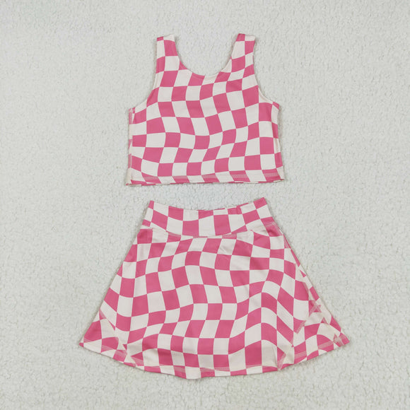 Pink Beige Irregular Plaid Athletic Shorts Girls Skirt Sets