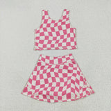Pink Beige Irregular Plaid Athletic Shorts Girls Skirt Sets