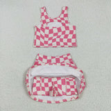 Pink Beige Irregular Plaid Athletic Shorts Girls Skirt Sets