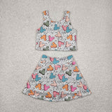 Cartoon Balloon White Vest Athletic Shorts Girls Skirt Sets