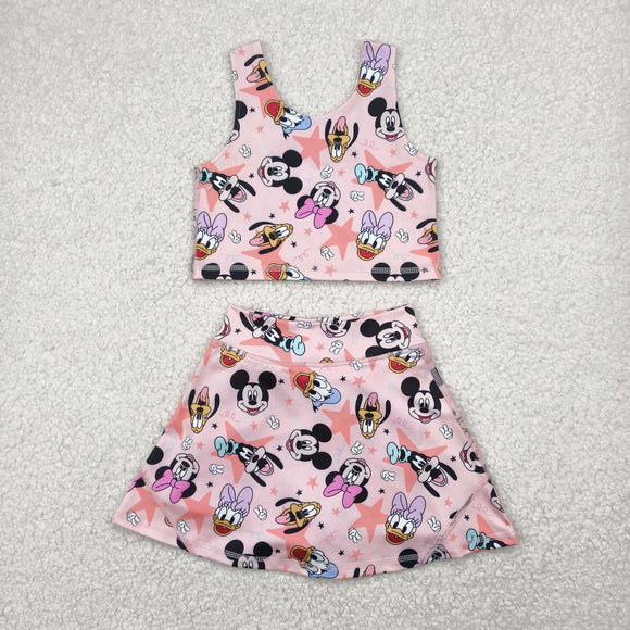 Cartoon Stars Pink Vest Athletic Shorts Girls Skirt Sets