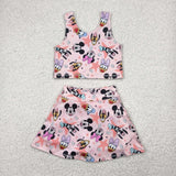 Cartoon Stars Pink Vest Athletic Shorts Girls Skirt Sets