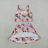 Cartoon Stars Pink Vest Athletic Shorts Girls Skirt Sets
