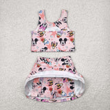 Cartoon Stars Pink Vest Athletic Shorts Girls Skirt Sets