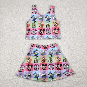 Cartoon Colorful Plaid Vest Athletic Shorts Girls Skirt Sets