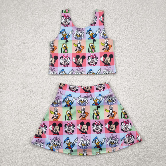 Cartoon Colorful Plaid Vest Athletic Shorts Girls Skirt Sets