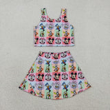 Cartoon Colorful Plaid Vest Athletic Shorts Girls Skirt Sets