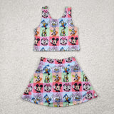 Cartoon Colorful Plaid Vest Athletic Shorts Girls Skirt Sets