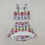 Cartoon Colorful Plaid Vest Athletic Shorts Girls Skirt Sets