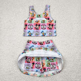 Cartoon Colorful Plaid Vest Athletic Shorts Girls Skirt Sets