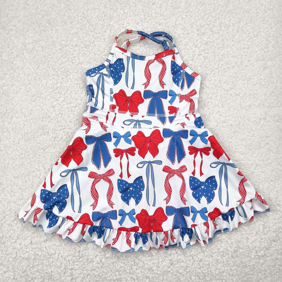 Red Blue Bow Pattern Athletic Shorts Girls 4th of July Swimsuits