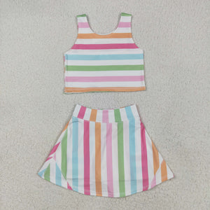 Colorful Stripe Athletic Shorts Girls Skirt Sets
